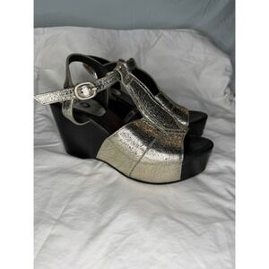 Colleen Cordero Metallic Silver Crackle Leather T-Strap Platform Wedge  sz 39.5